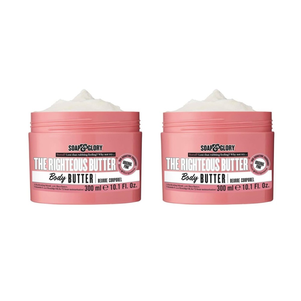 Soap & Glory The Righteous Moisturizing Body Butter - Hydrating Vegan Body Moisturizer for Dry Skin with Shea Butter, Vitamin E & Rosehip Seed Oil - Rich Cream for Women & Men (300ml, 2 pack)