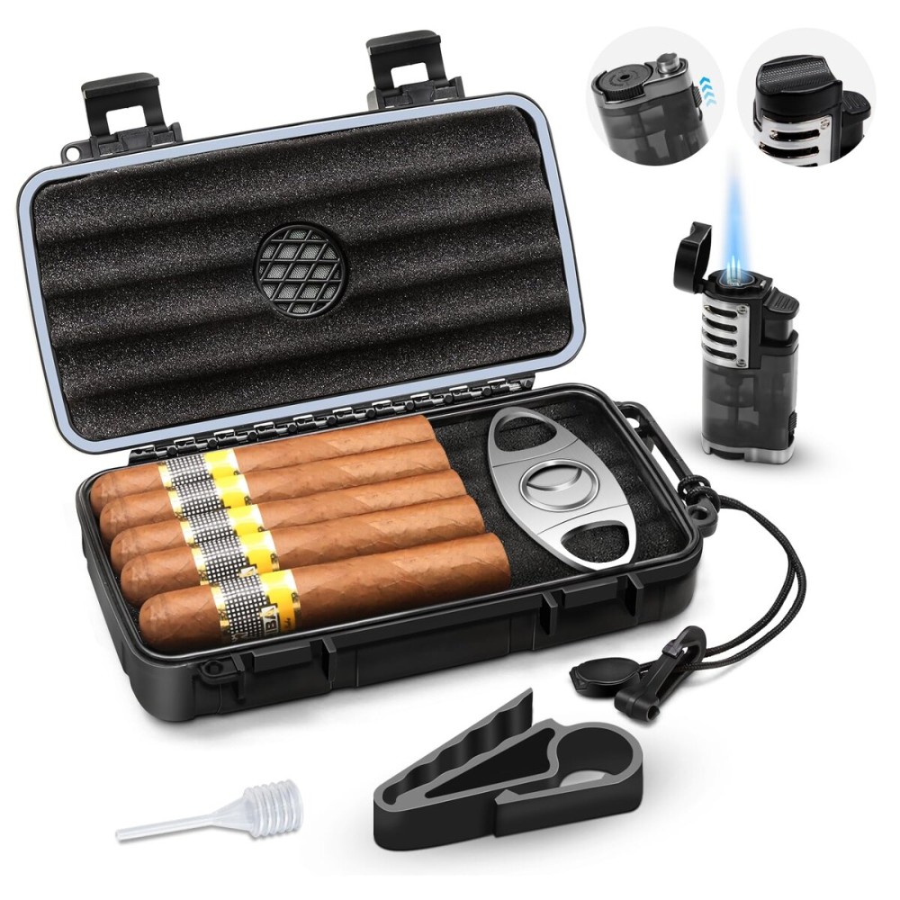 Flauno Travel Cigar Humidor Case - Portable Humidor Kit with Lighter (Without Gas), Cutter, Holder, Humidifier & Dropper, Waterproof, Crushproof, Airtight Seal (Holds up to 5 Cigars)