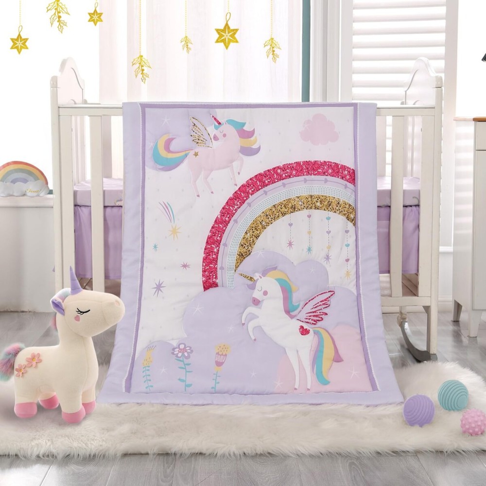 Wowelife Mini Girl Crib Bedding Set, 3 Piece Unicorn Mini Crib Comforter Set, Baby Girl Nursery Bedding Set Include Breathable Comforter, Crib Skirt and 38x24 Sheet, Purple