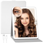FUNTOUCH 2500mAh Large Rechargeable Travel Makeup Mirror with Light, Portable Makeup Mirror with 10X Magnifying Mirror, 3 Lighting Modes, Tabletop Folding Travel Mirror with PU Leather Cover (White)