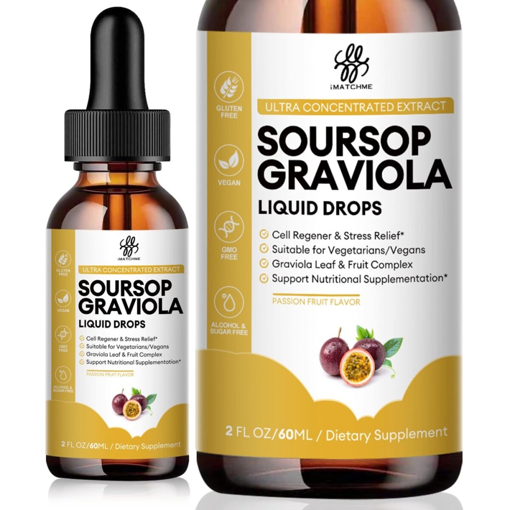 iMATCHME Premium Soursop Graviola for Digestion, Support Healthy Skin & Sleep, Soursop Extract Liquid Drop from Graviola Leaf and Fruit, Sugar/Caffeine/Gluten Free, Passion Fruit Flavor, 2 Fl Oz