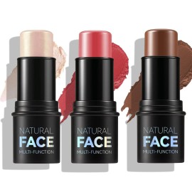 3 Pcs Face Contour Sticks Set, Shades with Highlighter & Blush Sculpted Complexion Wand Contour Long Lasting Natural Buildable Highlighters (01, 05, 06)