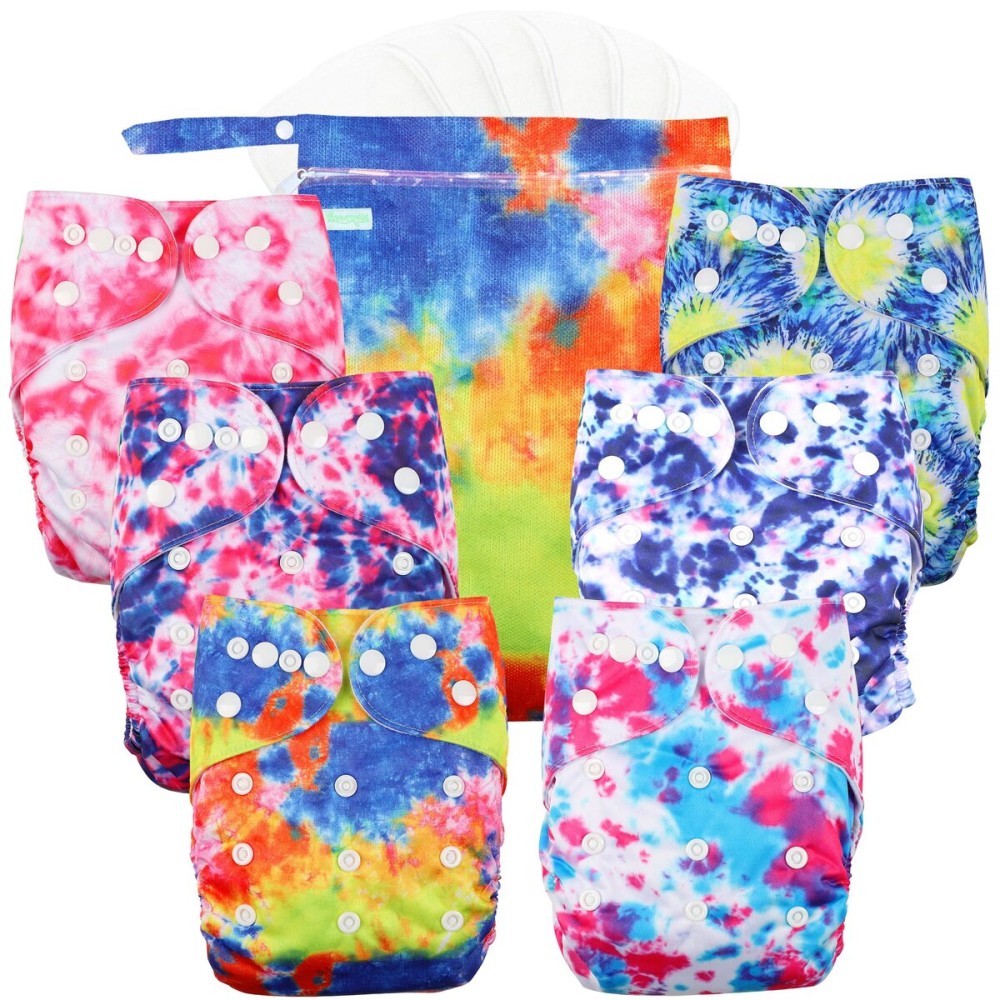 wegreeco Cloth Diapers 6 Pack with 6 Inserts & 1 Wet Bag, Washable Cloth Diapers for Babies, One Size Adjustable Reusable (Tie-dye)