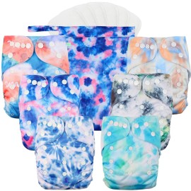wegreeco Cloth Diapers 6 Pack with 6 Inserts & 1 Wet Bag, Washable Cloth Diapers for Babies, One Size Adjustable Reusable (Tie-dye, Ink)