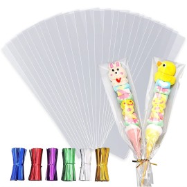LEOSINDA 300 Pcs Cellophane Treat Bags,3 x 11 inch Long Flat Clear Plastic Cellophane Bags with 6 Mix Colors Twist Ties for Bakery Cookies,Skewers of candy,Pretzel Sticks