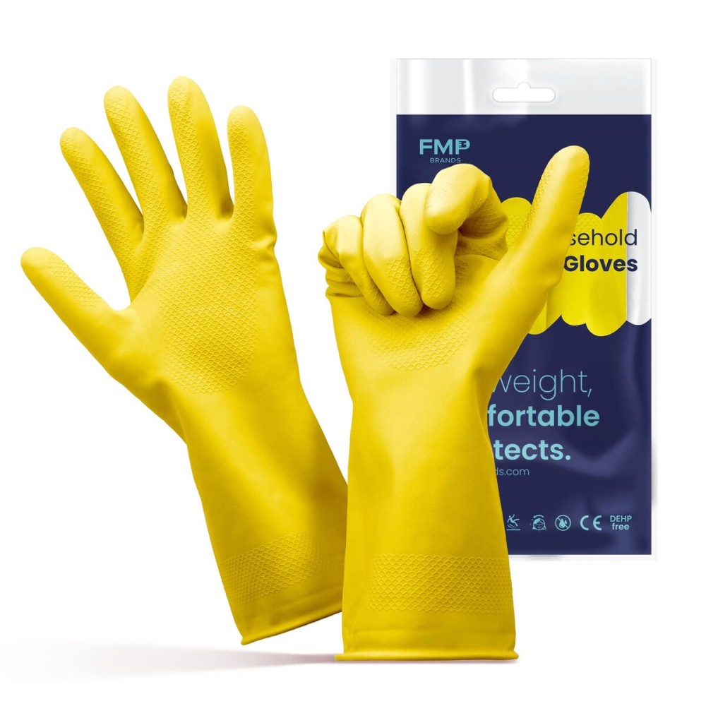 FMP Brands Cleaning Gloves, 60 Pairs for Washing Dishes, Non-Slip, Waterproof Reusable Latex for Kitchen, Bathroom, Household (X-Large, Yellow)