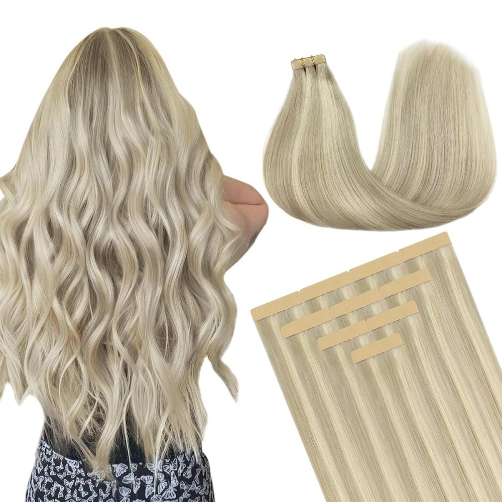 DOORES Hair Extensions Real Human Hair, Ash Blonde Highlighted Platinum Blonde 20 Inch 30g 10pcs, Tape in Remy Hair Extensions Straight Natural Hair for Women Skin Weft
