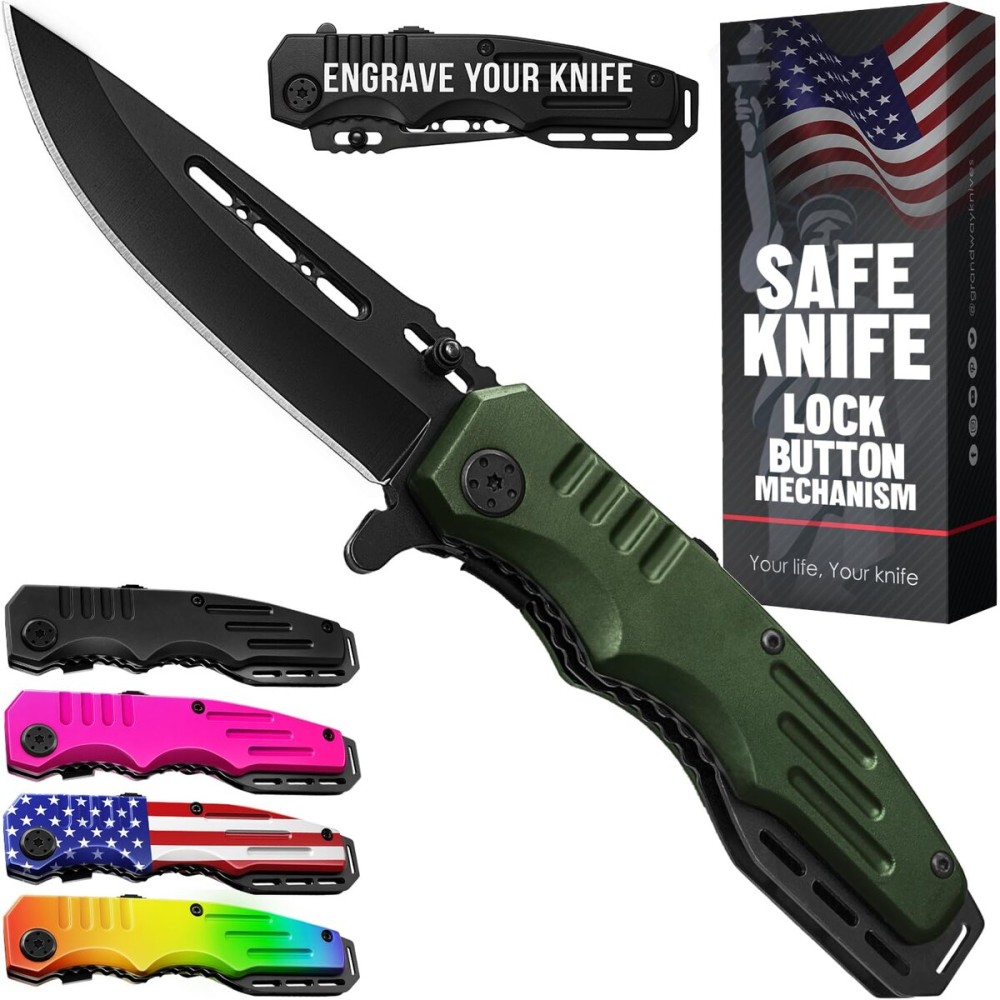 Spring Assisted Knife - Army Green Pocket Knives with Safety Lock - 3.42 Folding Blade with Aluminum Handle for Tactical Camping Survival and Outdoor - Birthday Gifts Idea for Men and Women 6681 A
