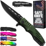Spring Assisted Knife - Army Green Pocket Knives with Safety Lock - 3.42 Folding Blade with Aluminum Handle for Tactical Camping Survival and Outdoor - Birthday Gifts Idea for Men and Women 6681 A
