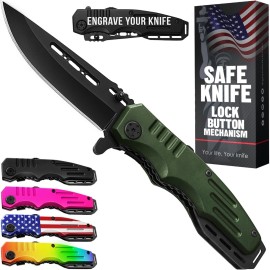 Spring Assisted Knife - Army Green Pocket Knives with Safety Lock - 3.42 Folding Blade with Aluminum Handle for Tactical Camping Survival and Outdoor - Birthday Gifts Idea for Men and Women 6681 A