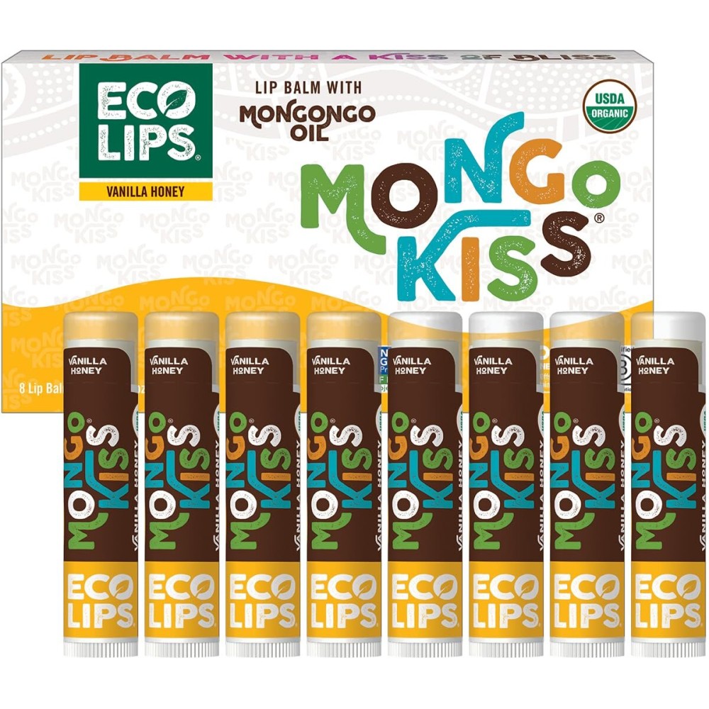 Mongo Kiss USDA Organic Lip Balm Set 8-pack (0.15 oz. each) with Mongongo Oil & Cocoa Butter to Moisturize Chapped Lips | Made in USA by Eco Lips - Honey Vanilla
