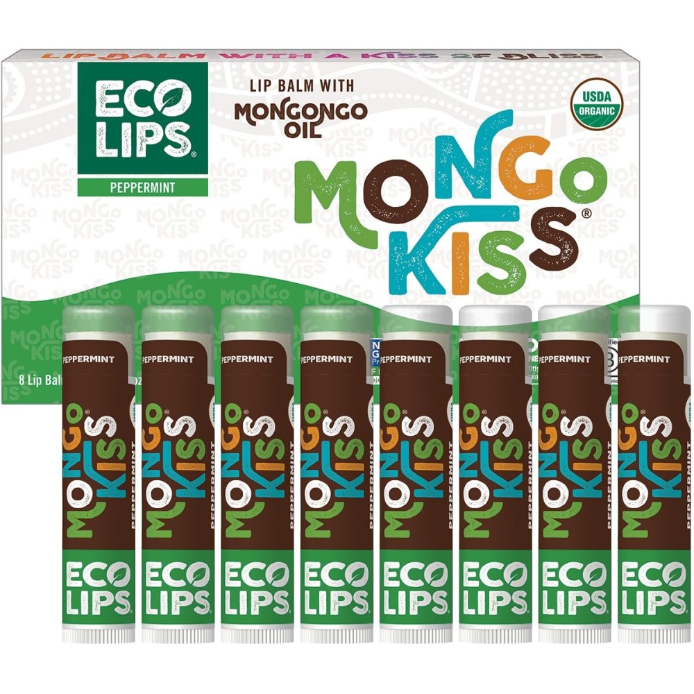 Mongo Kiss USDA Organic Lip Balm Set 8-pack (0.15 oz. each) with Mongongo Oil & Cocoa Butter to Moisturize Chapped Lips | Made in USA by Eco Lips - Peppermint