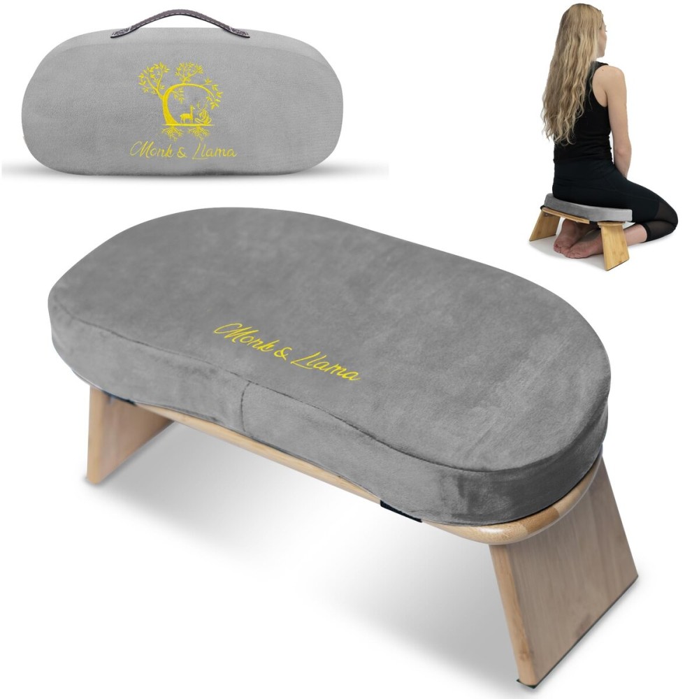 MONK & LLAMA Meditation Bench Grey Velvet- Foldable, Ergonomic, Bamboo Kneeling Stool- Perfect Seiza Bench Meditation Stool Chair for Prayer & Travel - Deeper & Enjoyable Sessions