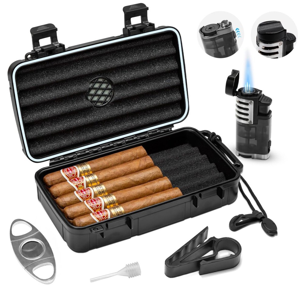 Flauno Travel Cigar Humidor Case - Portable Humidor Kit with Lighter (Without Gas), Cutter, Holder, Humidifier & Dropper, Waterproof, Crushproof, Airtight Seal (Holds up to 10 Cigars)