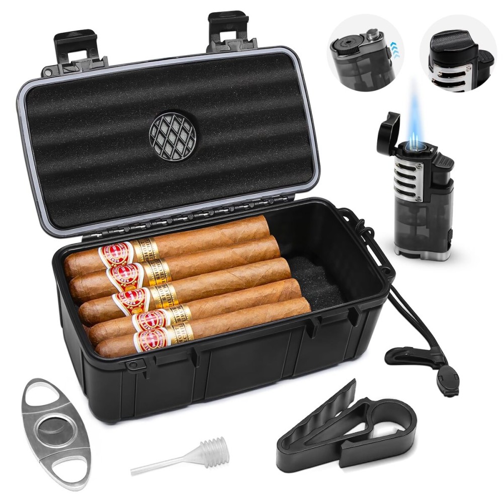 Flauno Travel Humidor - Portable Case Kit with Lighter (Without Gas), Cutter, Holder, Humidifier & Dropper, Waterproof, Crushproof, Airtight Seal (Holds up to 15 Cigars)