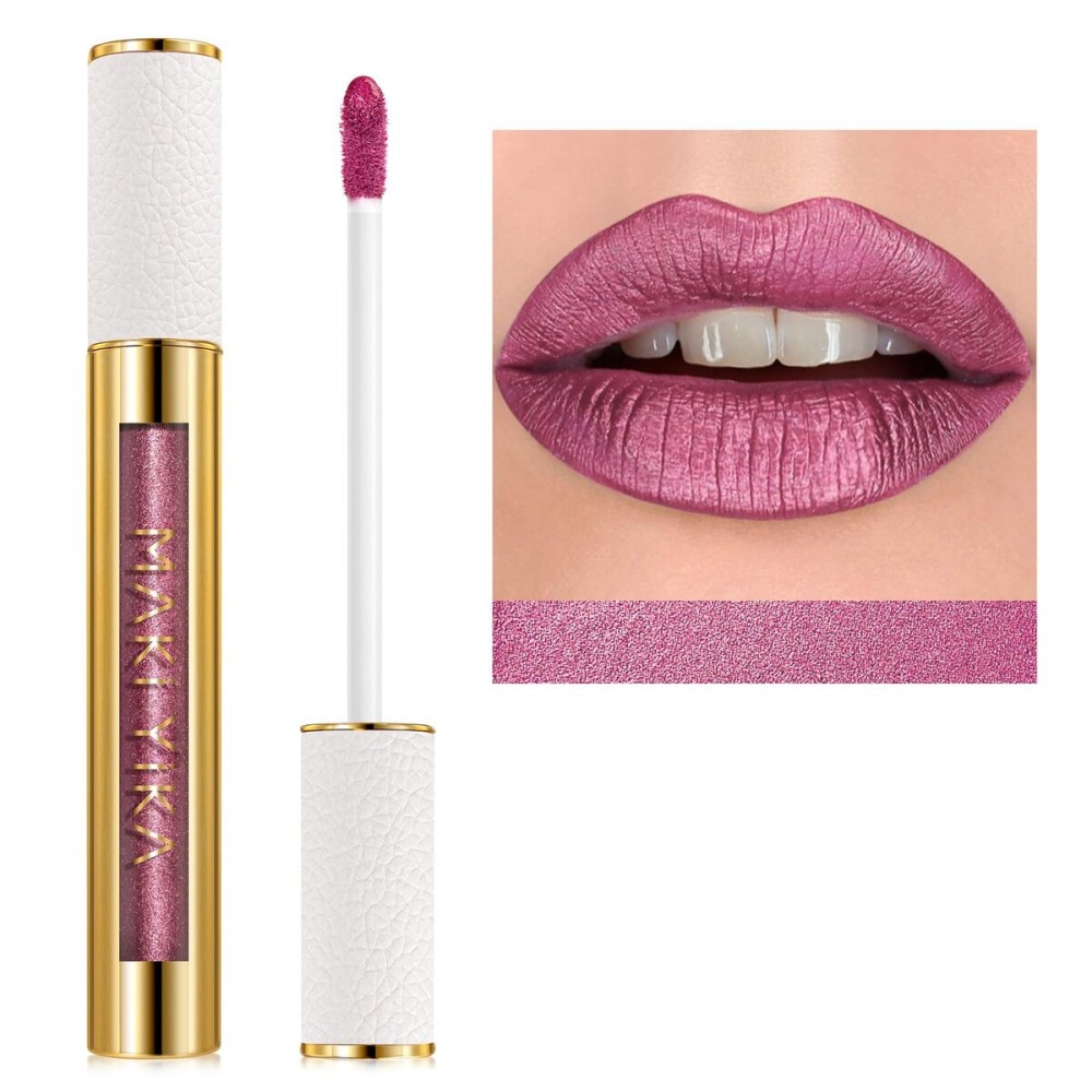 MAKI YIKA Metallic Pink Lipstick Long Lasting Hot Pink Lipsticks for Women, High Shine Glitter Lipstick No Smudge Transferproof Liquid Lip Gloss (BR01 Love Story)
