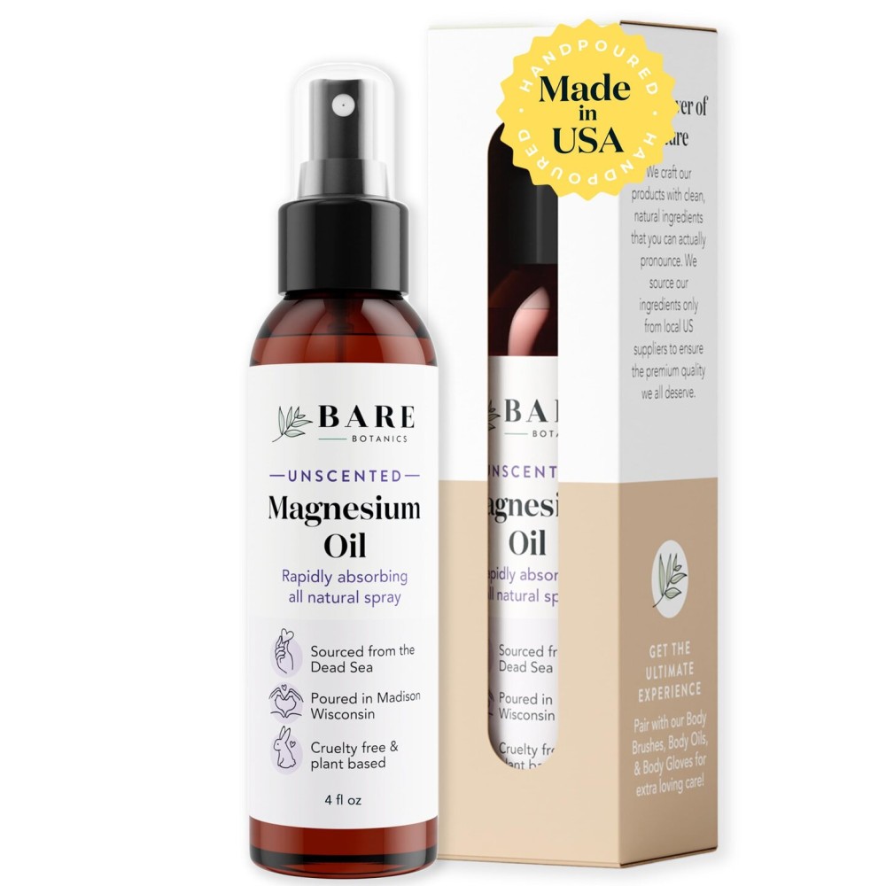 Bare Botanics Magnesium Oil Spray 4oz Unscented | Topical Magnesium Chloride Mist from The Dead Sea | Handpoured in Madison, WI