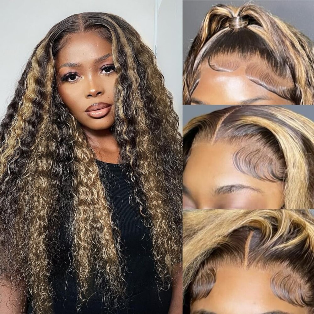 bangjazz 13x4 Deep Wave Lace Front Wigs Human Hair 180% Density Curly Lace Frontal Human Hair Wigs for Black Women Fb/27 Human Hair HD Lace Wigs Black with Blonde Colored Lace Frontal Wig 18 Inch