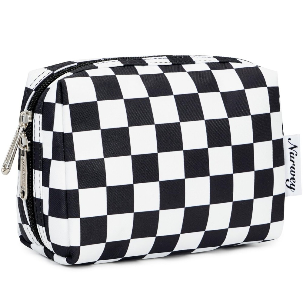 Narwey Small Checkered Makeup Bag for Purse Mini Cosmetic Bag Travel Makeup Pouch Zipper Pouch Cute Make up Bags with Compartments for Women Girls (Black Checkerboard, Small)