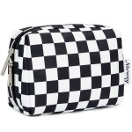Narwey Small Checkered Makeup Bag for Purse Mini Cosmetic Bag Travel Makeup Pouch Zipper Pouch Cute Make up Bags with Compartments for Women Girls (Black Checkerboard, Small)