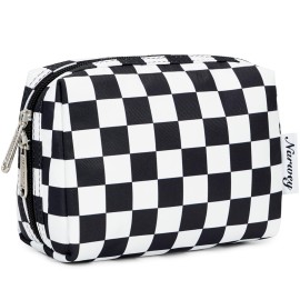 Narwey Small Checkered Makeup Bag for Purse Mini Cosmetic Bag Travel Makeup Pouch Zipper Pouch Cute Make up Bags with Compartments for Women Girls (Black Checkerboard, Small)