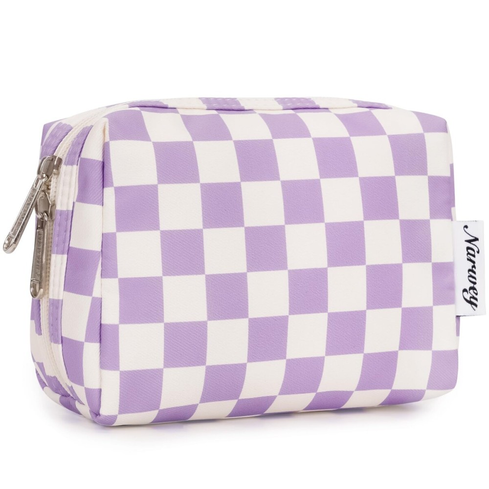 Narwey Small Checkered Makeup Bag for Purse Mini Cosmetic Bag Travel Makeup Pouch Zipper Pouch Cute Make up Bags with Compartments for Women Girls (Purple Checkerboard, Small)