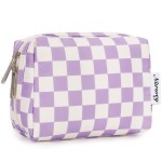 Narwey Small Checkered Makeup Bag for Purse Mini Cosmetic Bag Travel Makeup Pouch Zipper Pouch Cute Make up Bags with Compartments for Women Girls (Purple Checkerboard, Small)