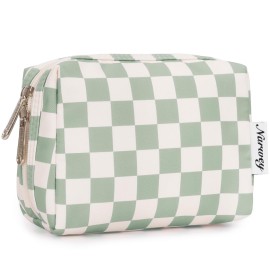 Narwey Small Checkered Makeup Bag for Purse Mini Cosmetic Bag Travel Makeup Pouch Zipper Pouch Cute Make up Bags with Compartments for Women Girls (Mint Green Checkerboard, Small)