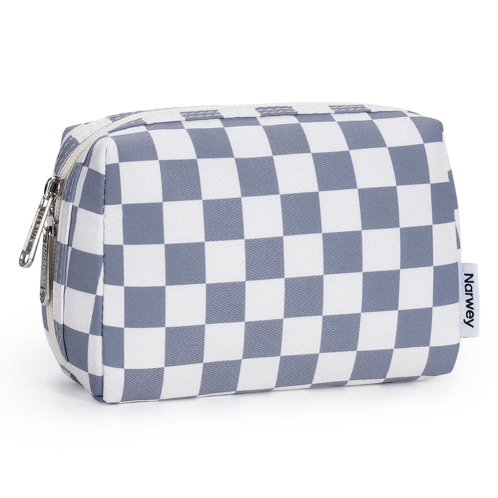 Narwey Small Checkered Makeup Bag for Purse Mini Cosmetic Bag Travel Makeup Pouch Zipper Pouch Cute Make up Bags with Compartments for Women Girls (Grayish Blue Checkerboard, Small)
