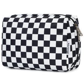 Narwey Checkered Makeup Bag Travel Cosmetic Bag Organizer Toiletry Bag Make Up Bags with Compartments for Women Girls (Large, Black Checkerboard)