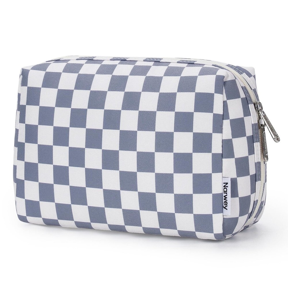Narwey Checkered Makeup Bag Travel Cosmetic Bag Organizer Toiletry Bag Make Up Bags with Compartments for Women Girls (Large, Grayish Blue Checkerboard)