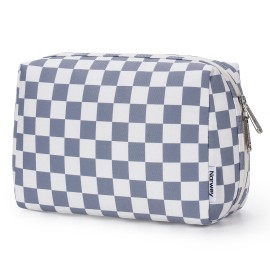 Narwey Checkered Makeup Bag Travel Cosmetic Bag Organizer Toiletry Bag Make Up Bags with Compartments for Women Girls (Large, Grayish Blue Checkerboard)