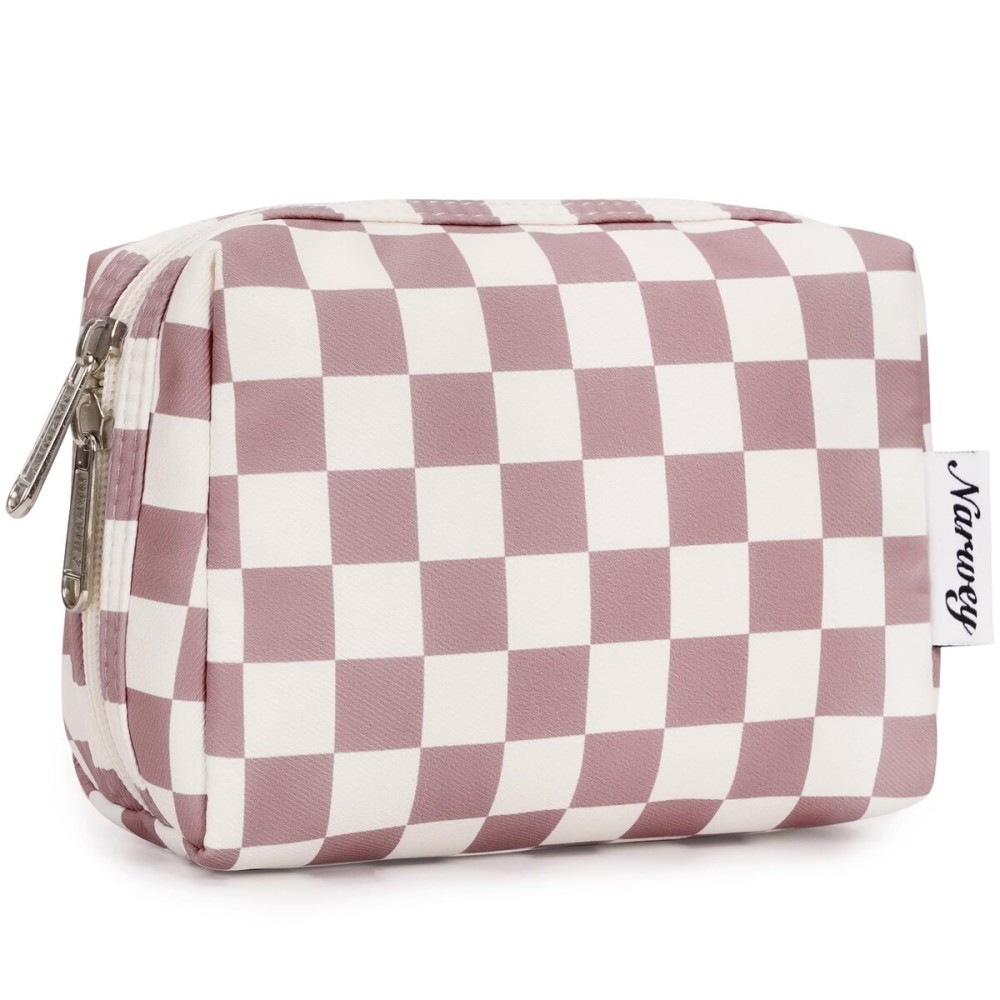 Narwey Small Checkered Makeup Bag for Purse Mini Pink Cosmetic Bag Travel Makeup Pouch Zipper Pouch Cute Make up Bags with Compartments for Women Girls (Dusty Rose Checkerboard, Small)