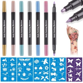 Lictin Temporary Tattoo Markers for Skin, 7 Colors Dual-End Skin Tattoo Pens with 50 Tattoo Stencils, Metallic Body Markers for Kids Teens and Adults, Flexible Brush Tip, Cosmetic-Grade