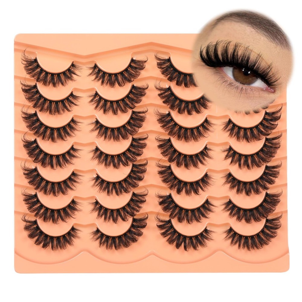 JIMIRE False Eyelashes 14 Pairs Cat Eye Lashes Wispy Fluffy D Curl Strip Natural Lashes Look Like Eyelash Extension 16MM Wispy Faux Mink Fake Lashes Pack