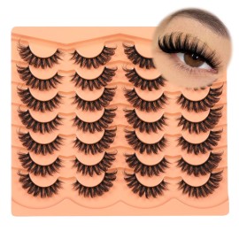 JIMIRE False Eyelashes 14 Pairs Cat Eye Lashes Wispy Fluffy D Curl Strip Natural Lashes Look Like Eyelash Extension 16MM Wispy Faux Mink Fake Lashes Pack