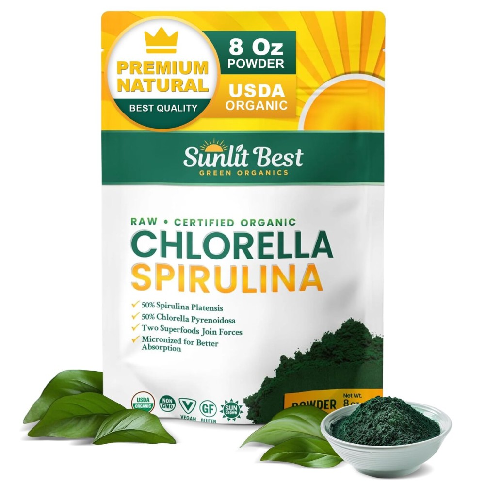 Sunlit Best USDA Organic Chlorella Spirulina Powder - 100% Raw & Vegan Source of Protein & Chlorophyll | Non GMO & Gluten Free Superfood Energy Drink | Gut Health & Immune Support Supplement, 8 oz