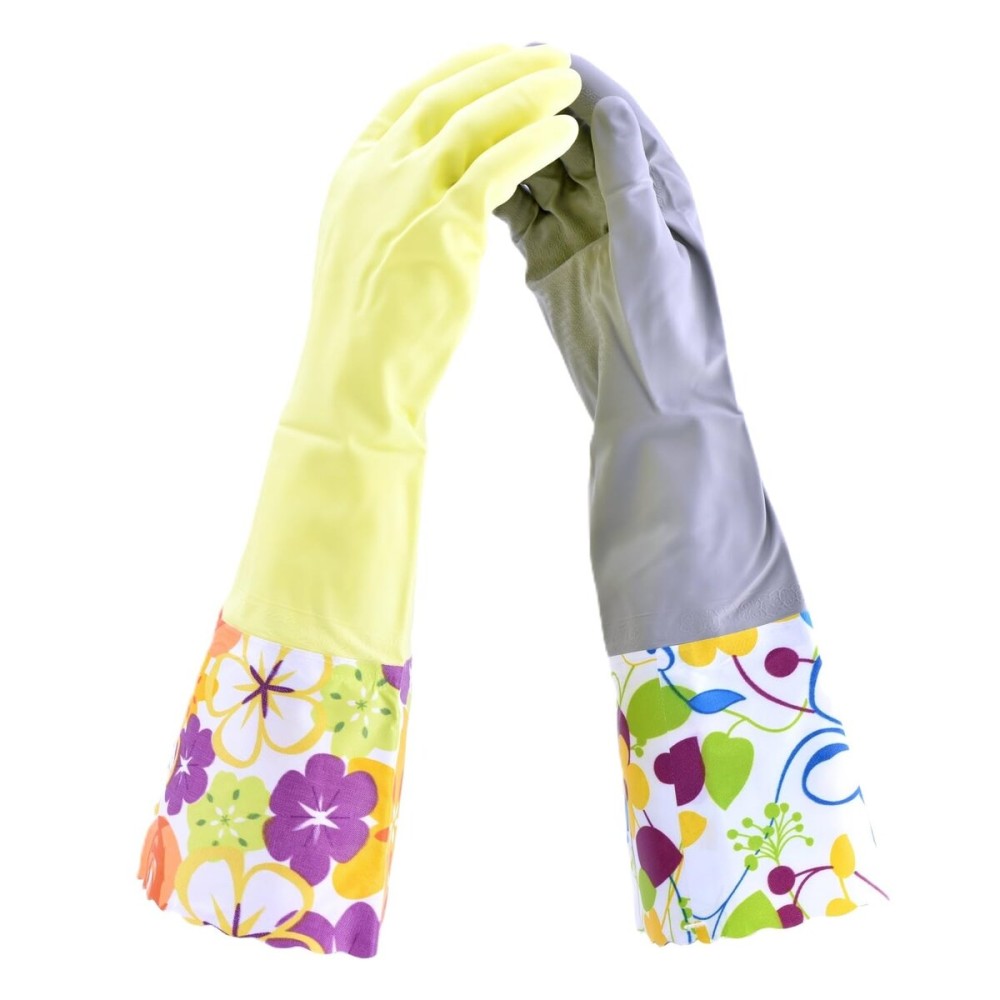 Household Gloves Latex Free Cleaning Grey and Yellow Gloves with Soft Lining Long Cuff 15 & Grip (2 Pair), Large