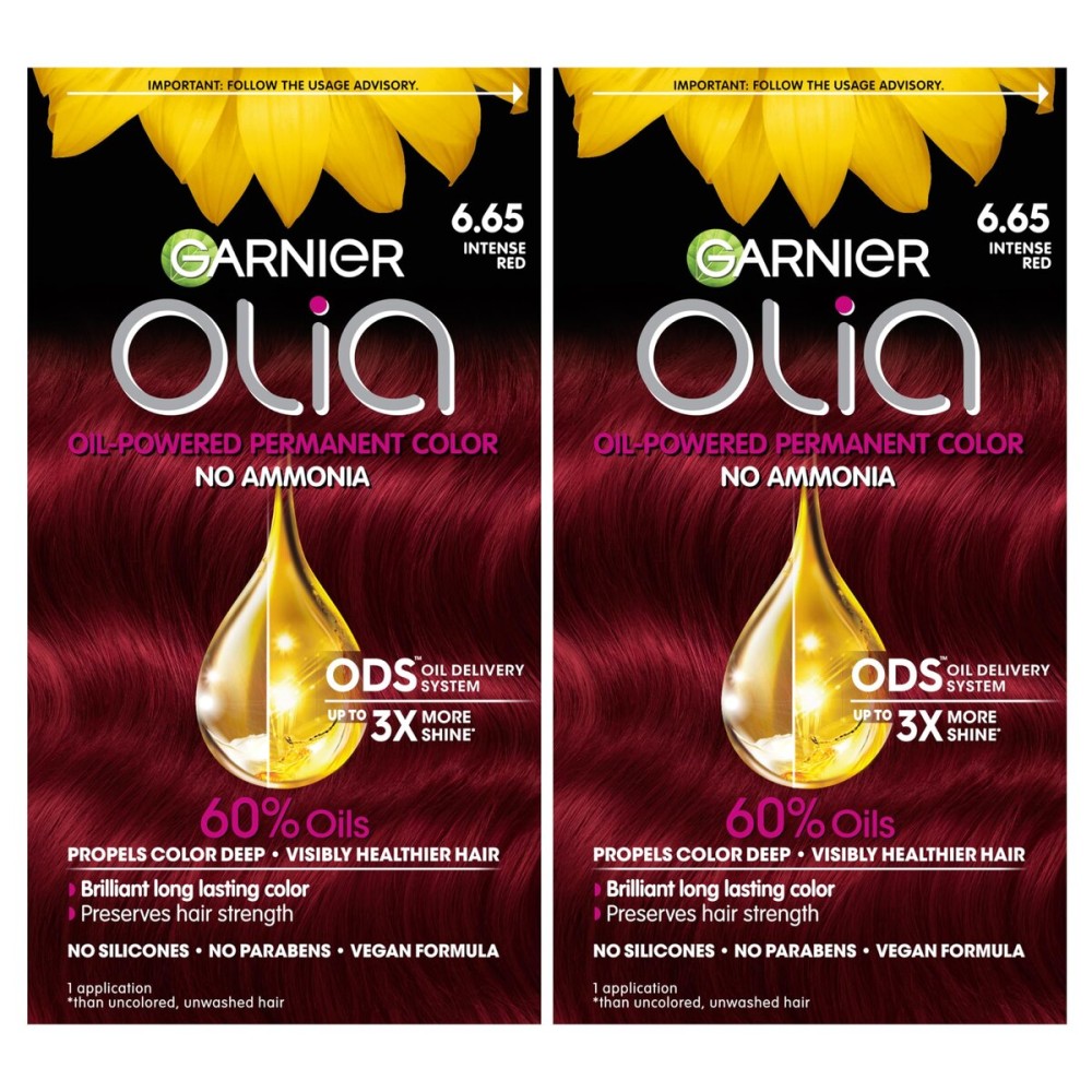 Garnier Olia Hair Color, Oil Powered Ammonia Free Permanent Hair Dye for Long-Lasting Color, 6.65 Intense Red, 2 Dye Kits