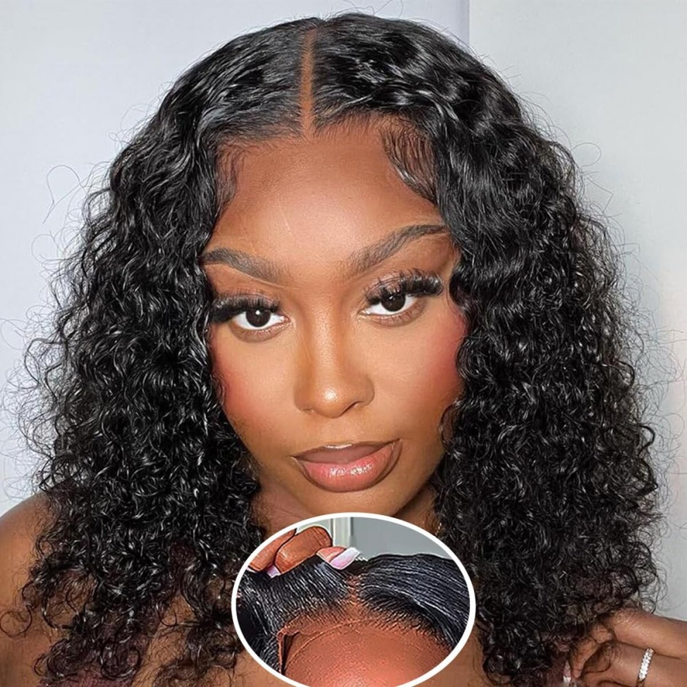 Wear and Go Glueless Wig Bob Wig Human Hair Glueless Wigs Human Hair Pre Plucked Pre-Cut for Beginners 180% Density Deep Wave Curly Lace Front Wig 16 Inch Natural Black
