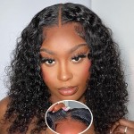 Wear and Go Glueless Wig Bob Wig Human Hair Glueless Wigs Human Hair Pre Plucked Pre-Cut for Beginners 180% Density Deep Wave Curly Lace Front Wig 16 Inch Natural Black