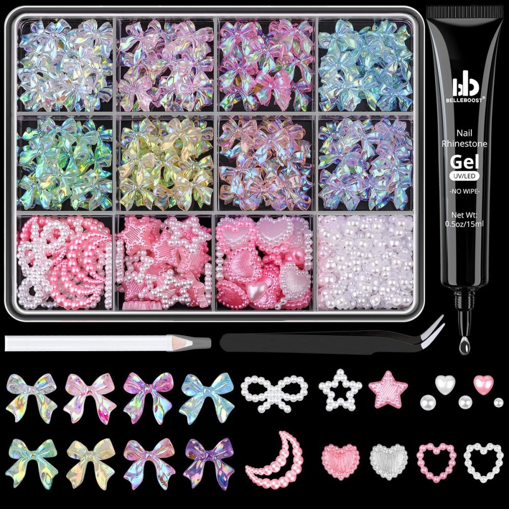 600 Pcs 3D Nail Charms and Flatback Pearls 10, 6 Colors Bow + Pink&White Star Heart Moon Cute Charms + 2-6mm White Pearls for Nail Art Design with Nail Charm Glue(UV Needed) and Pickup Tools
