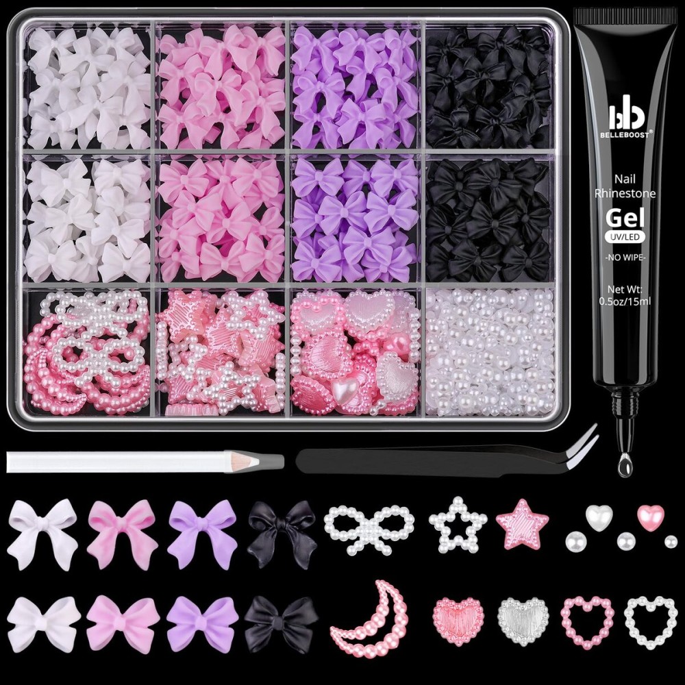 600 Pcs 3D Nail Charms and Flatback Pearls 6, 4 Colors Bow + Pink&White Star Heart Moon Cute Charms + 2-6mm White Pearls for Nail Art Design with Nail Charm Glue(UV Needed) and Pickup Tools