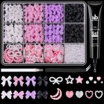 600 Pcs 3D Nail Charms and Flatback Pearls 6, 4 Colors Bow + Pink&White Star Heart Moon Cute Charms + 2-6mm White Pearls for Nail Art Design with Nail Charm Glue(UV Needed) and Pickup Tools