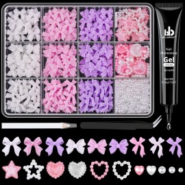 600 Pcs 3D Nail Charms and Flatback Pearls 9, 3 Colors Bow + Pink&White Star Heart Cute Charms + 2-6mm White Pearls for Nail Art Design with Nail Charm Glue(UV Needed) and Pickup Tools