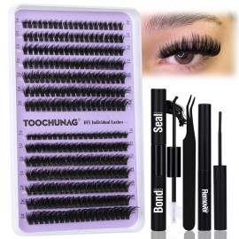 TOOCHUNAG Fluff Lash Extension Kit Thick Eyelash Extension Kit 60D+80D Wispy Lash Clusters Individual Lashes Kit with Lash Bond and Seal, Lash Remover, Eyelashes Tweezers (280Pcs,10-18mm)