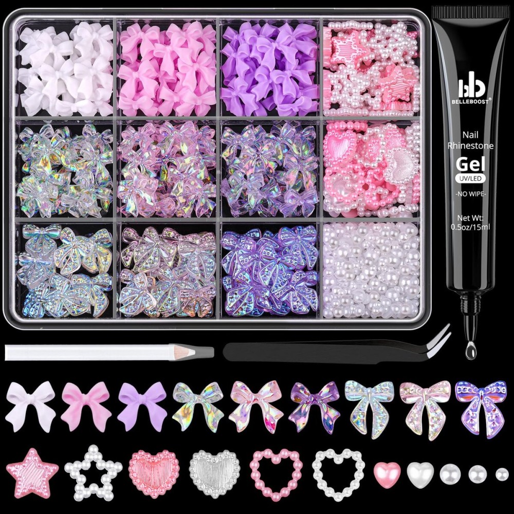 500 Pcs 3D Nail Charms and Flatback Pearls 11, 6 Colors Bow + Pink&White Star Heart Cute Charms + 2-6mm White Pearls for Nail Art Design with Nail Charm Glue(UV Needed) and Pickup Tools