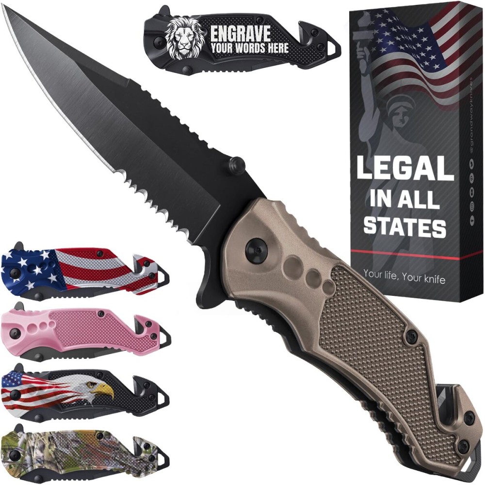 Legal Pocket Knife Coyote Tan - 2.95 Sharp Serrated Edge Blade - Multi Tool with Seatbelt Cutter, Glass Breaker & Clip - Cool Folding Knives for EDC Camping Fishing - Birthday Gifts for Men 6680 T