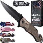 Legal Pocket Knife Coyote Tan - 2.95 Sharp Serrated Edge Blade - Multi Tool with Seatbelt Cutter, Glass Breaker & Clip - Cool Folding Knives for EDC Camping Fishing - Birthday Gifts for Men 6680 T