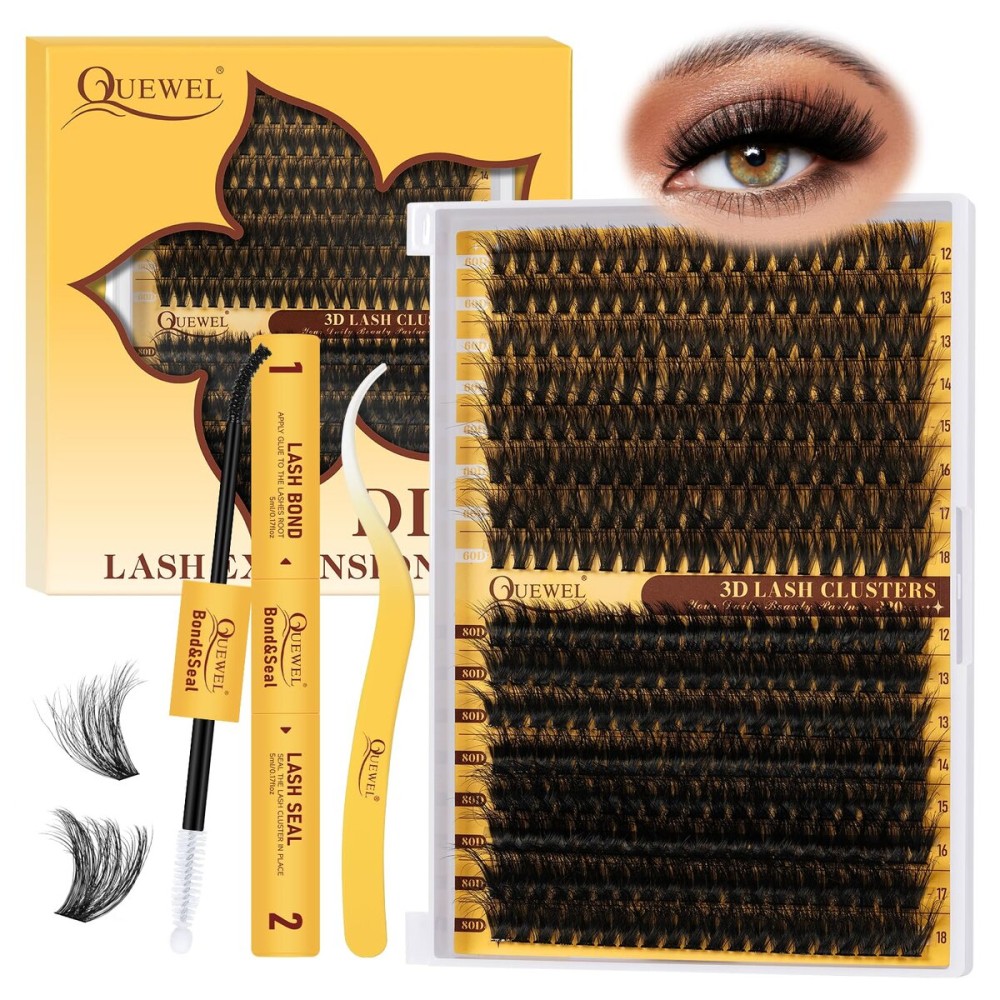 QUEWEL Lash Clusters Kit, 320Pcs 60D+80D 3D Lash Cluster Eyelash Extensions 12-18mm Lash Clusters Kit with Lash Bond and Seal and Lash Tweezers Easy DIY at Home(60+80D 3D Kit)